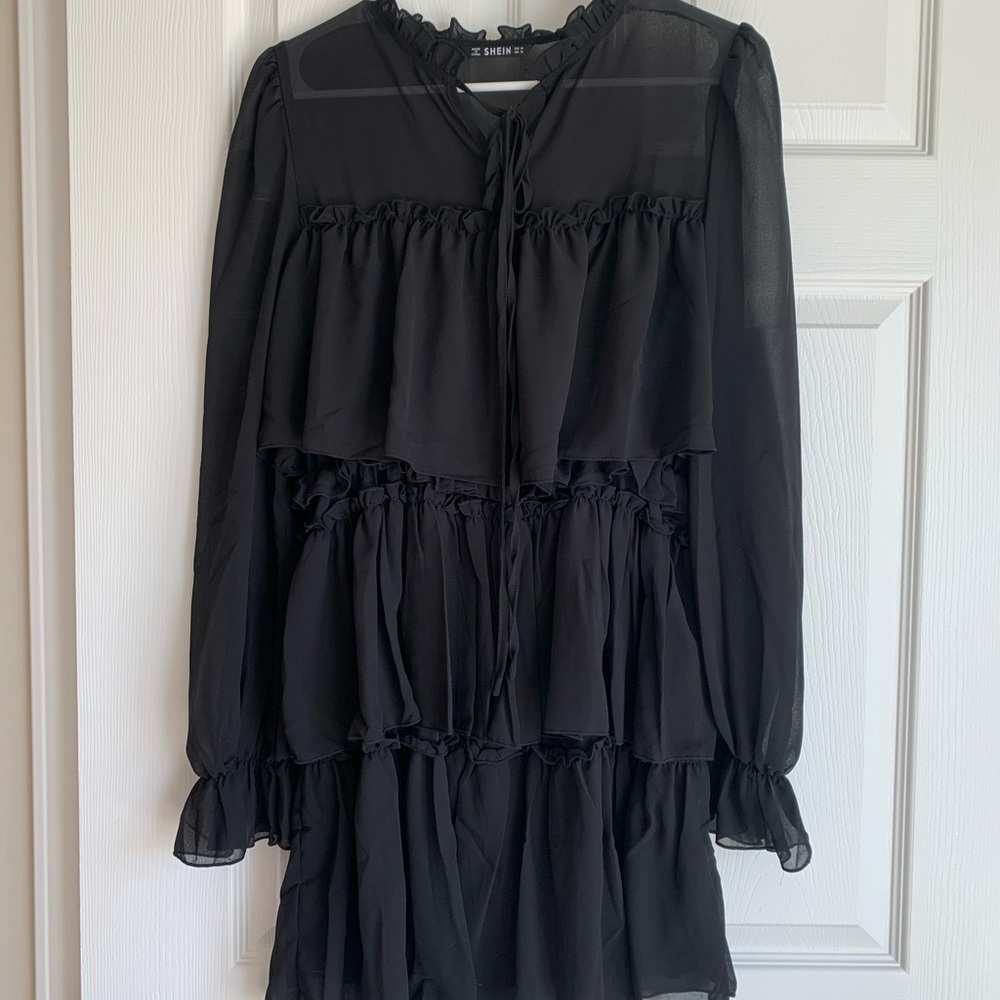 Tie neck ruffle trim layered dress